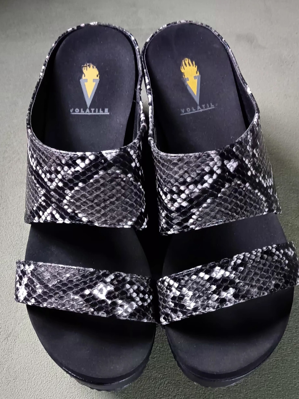 Volatile Black & White Snake-Print Double Strap Slide Sandals